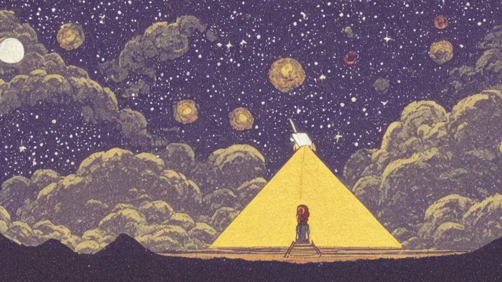 Prompt: a movie still from a studio ghibli film showing one large white pyramid and a golden ufo on a misty and starry night. by studio ghibli