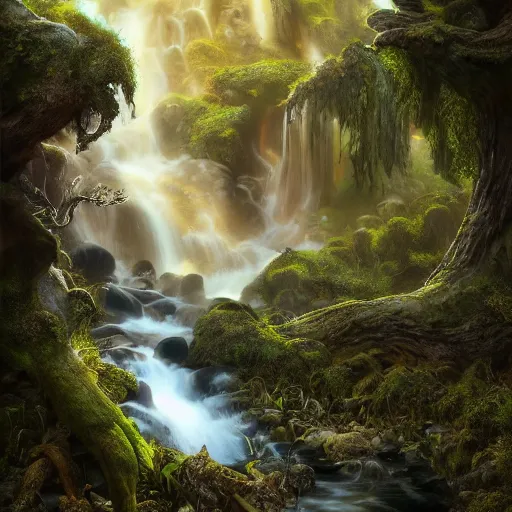 Image similar to tom bagshaw, elementals water wave, soft painting render curiosities carnival pond river vegetation rocks bugs wildlife mushrooms covered moss bioluminescent wisps, beautiful stunning waterfall, accurate features, focus, very intricate ultrafine details, random volumetric lighting, fog, award winning masterpiece, octane render 8 k hd, artstation