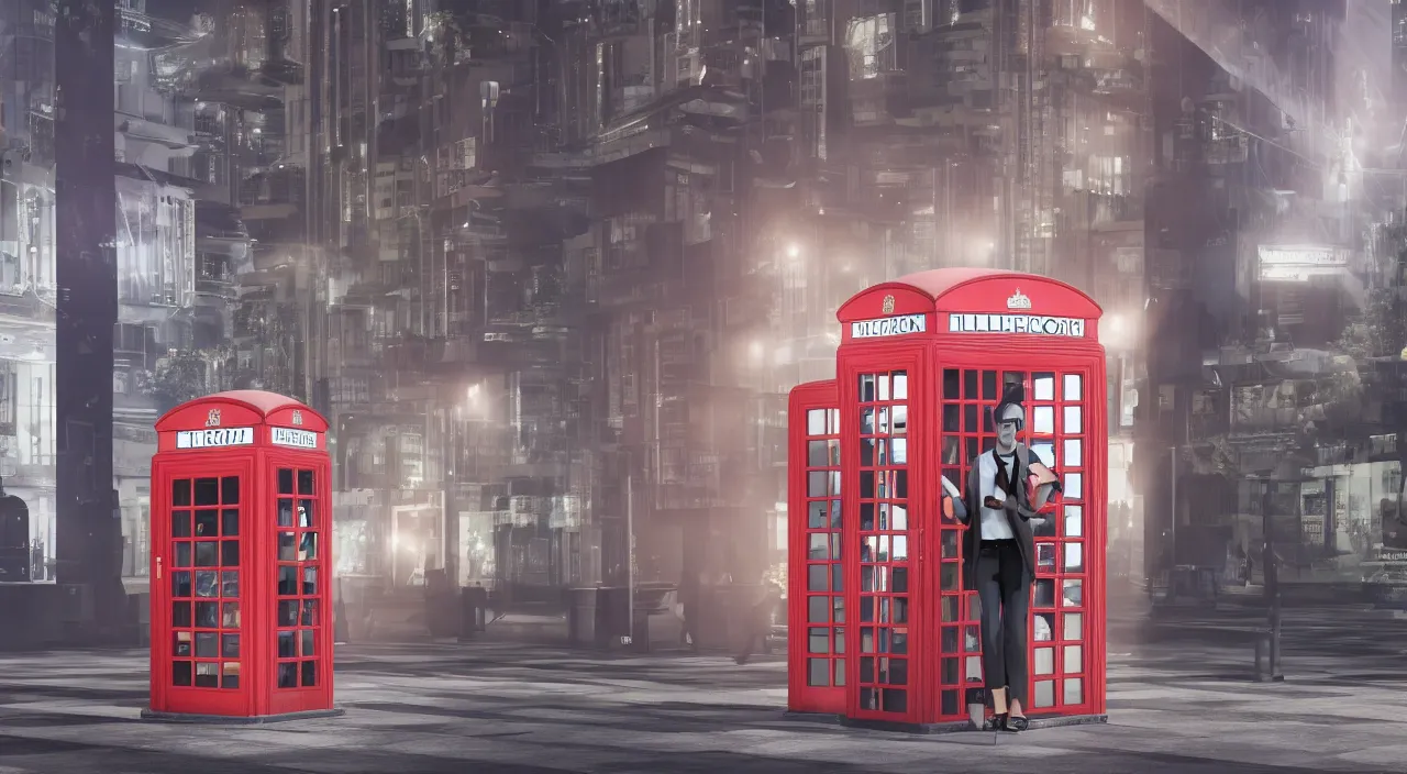 Prompt: a furry alien humanoid making a telephone call from a classic british telephone booth on a busy street in singapore, octane render 3 d cinematic lighting