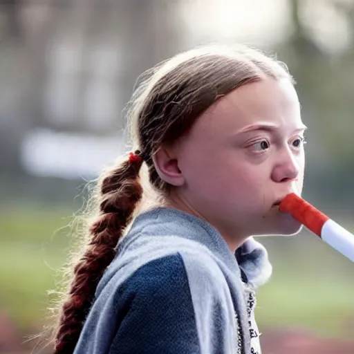 Image similar to hyper - realistic studio photograph of greta thunberg smoking a cigarette