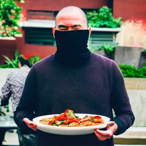 Image similar to anonymous man with face covered in stirfry pork