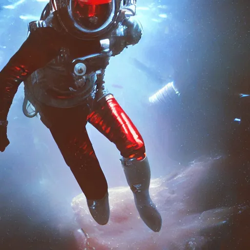 Image similar to concept art by craig mullins diver astronaut in underwater futuristic dark and empty spaceship. infrared complex and hyperdetailed technical suit design. helmet with a red visor. reflection and dispersion materials rays and dispersion of light breaking through the deep water. 5 0 mm, f / 3 2. noise film photo. flash photography. trend artstation