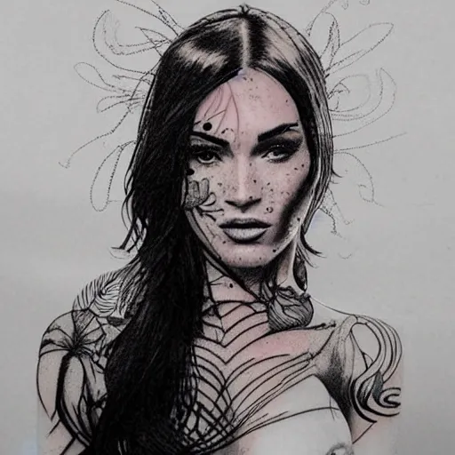 Prompt: double - exposure tattoo sketch of megan fox blended in beautiful mountains, in the style of dan mountford