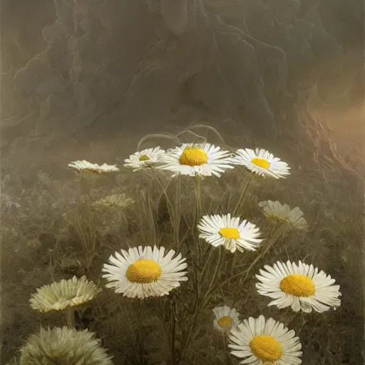 Prompt: a chamomile | highly detailed oil painting, hyperrealistic, very intrincate | cinematic lighting, award - winning | by rachel ruysch, giger, beksinski and bocklin | by austin osman spare and william blake, trending on artstation, cgsociety, official art, octane.