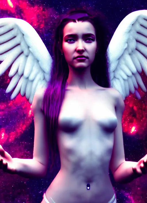 Image similar to portrait of beautiful angel girl with wings like a galaxy in space holding the universe in her hands, cyberpunk, 3 d render, hyper realistic detailed, scifi, fantasy, octane render, concept art