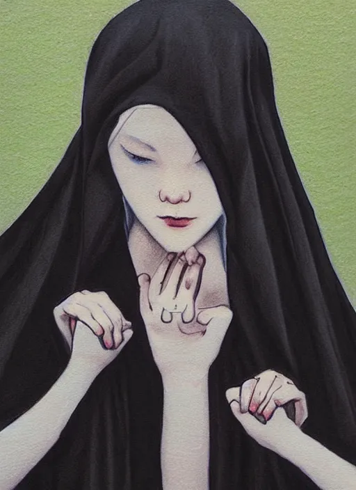 Prompt: a painting of a nun holding her hands together, a color pencil sketch by lu ji, featured on artstation, gothic art, anime aesthetic, art on instagram, gothic