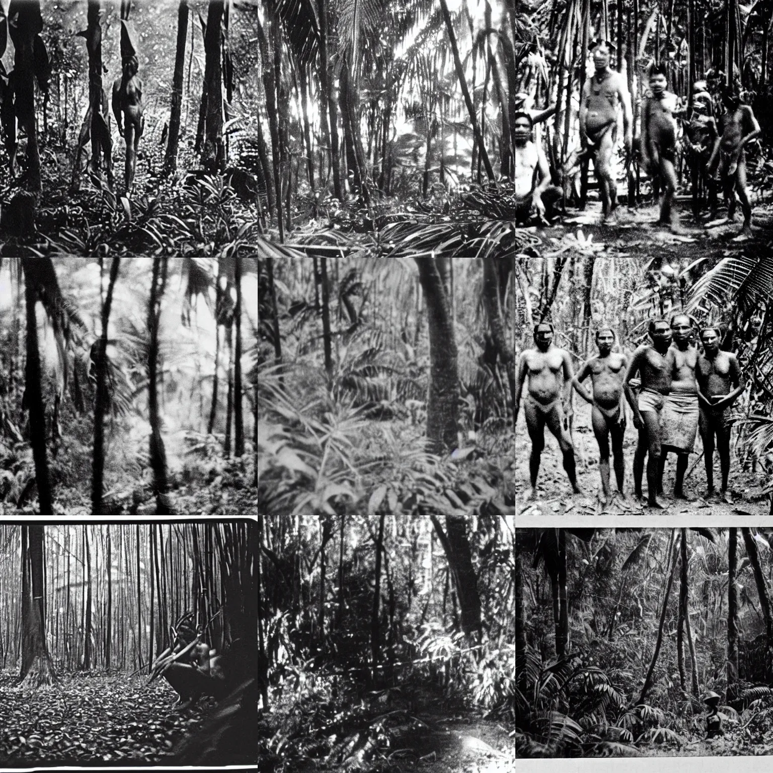 Prompt: lost film footage from an object used by an indigenous tribe in the tropical forest, film still, cinematic, out of focus, enhanced, 1 9 2 0 s, black and white, grain