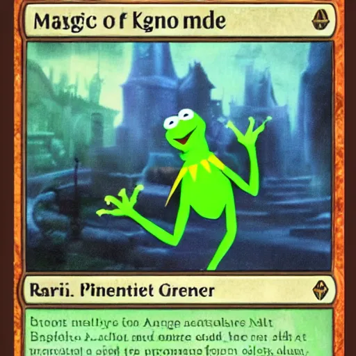 Image similar to a magic the gathering card featuring kermit the frog