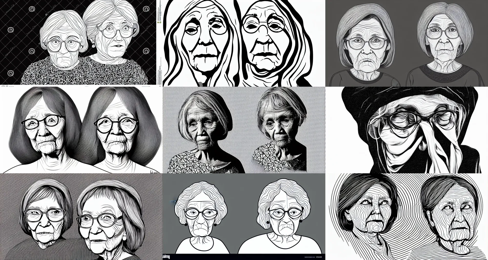 Prompt: a monochromatic vector based illustration of a very ordinary old woman with a blank expression, no gradients, pure black ink on white background, smooth curves, vector spline curve style, award winning, stunning, trending on art station, highly detailed