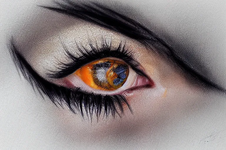 Image similar to sultry look in her eyes ユフィ・キサラギ close-up portrait looking straight on, complex artistic color pencil sketch illustration, full detail, gentle shadowing, fully immersive reflections and particle effects, chromatic aberration.