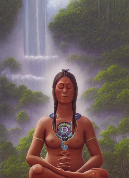 Prompt: an indigenous woman meditating near a river in the amazon jungle, art by christophe vacher