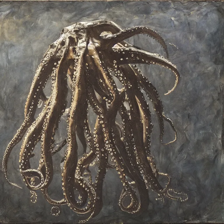 Prompt: Hyperrealistic Studio wet collodion Photograph portrait of a deep sea Giant Octopus deep underwater in darkness, award-winning nature deep sea expressionistic impasto heavy brushstrokes oil painting by Cy Twombly and Tim Hawkinson and anselm kiefer vivid colors hyperrealism 8k