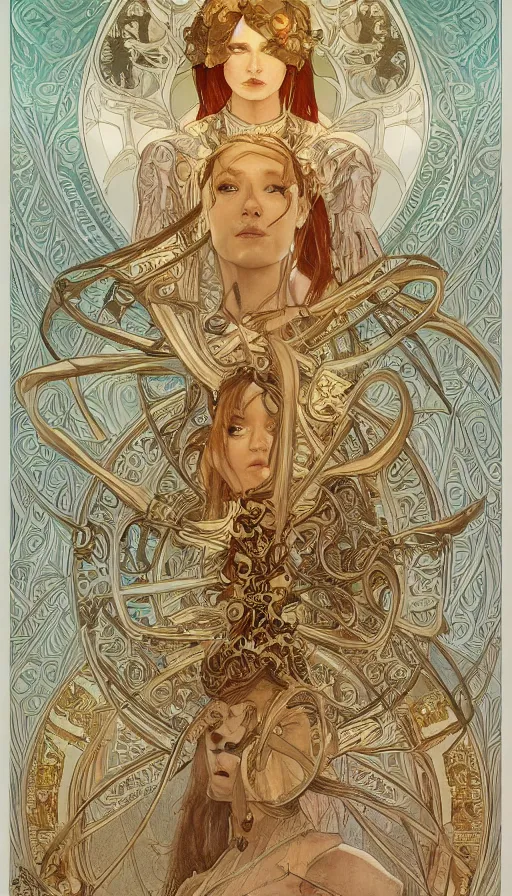 Image similar to soldiers in white armor, highly detailed, very intricate, art nouveau, gold filigree, left right symmetry, tarot concept art watercolor illustration by mandy jurgens and alphonse mucha and alena aenami, featured on artstation