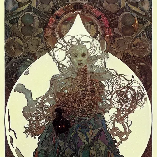 Image similar to nanoparticles, by james jean, greg rutkowski, giger, alphonse mucha, andrew wyeth