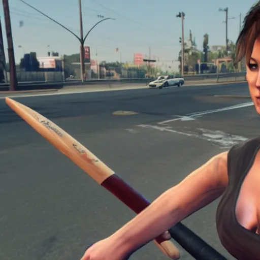 Prompt: Lucy Lawless taking a baseball bat to her boyfriend\'s car in GTA 5.