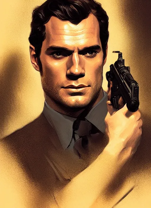 Image similar to portrait of henry cavill as james bond, highly detailed, pistol, digital painting, artstation, concept art, oppresive lighting, sharp focus, illustration, art by artgerm and greg rutkowski and alphonse mucha