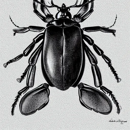 Prompt: black stag beetle full body, black and white, botanical illustration, black ink on white paper, bold lines