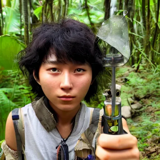 Image similar to korean mowgli, 2 0 years old, with long unkempt and slightly curly hair, holding a torch in one hand and an iphone in the other hand, standing in the jungles of jeju island