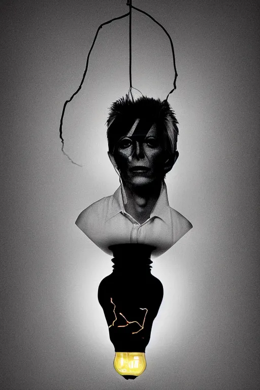 Image similar to portrait of david bowie's head inside an upside down light bulb, kintsugi, modern fine art, fractal, intricate, elegant, highly detailed, digital photography, subsurface scattering, by banksy and basquiat and greg rutkowski,