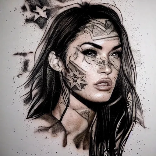 Prompt: hyper realism tattoo sketch of megan fox face professional double exposure art with beautiful mountain scenery, in the style of matteo pasqualin, amazing detail, sharp, faded