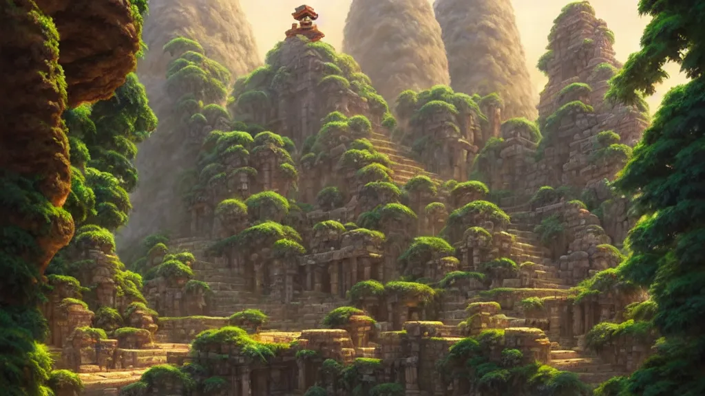 Image similar to ancient temple ruins, studio ghibli, pixar and disney animation, sharp, rendered in unreal engine 5, highly detailed, digital painting, artstation, concept art, smooth, sharp focus, illustration, wide angle, artbook, wallpaper, splash art, promo art, dramatic lighting, art by artgerm and greg rutkowski and bo chen and jin xiaodi