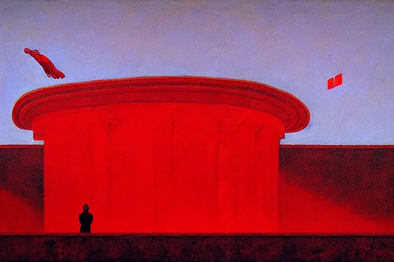 Image similar to only with red, a red melted emperor in an authoritarian position, taormina amphitheatre, crowd hails him, in the style of beksinski, parts by edward hopper, parts by rodcenko, parts by yue minjun, intricate and epic composition, red by caravaggio, insanely quality, highly detailed, masterpiece, red light, artstation, 4 k