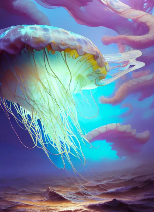 Prompt: subsurface scattering, white, swirly jellyfish, vibrant colors, octane render, jesper ejsing, james jean, justin gerard, tomasz alen kopera, cgsociety, fenghua zhong, makoto shinkai, koi colors, highly detailed, rim light, art, cinematic lighting, very coherent, hyper realism, 8 k