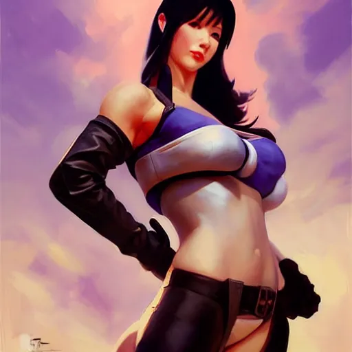 Image similar to Greg Manchess portrait painting o Tifa Lockheart as Overwatch character, medium shot, asymmetrical, profile picture, Organic Painting, sunny day, Matte Painting, bold shapes, hard edges, street art, trending on artstation, by Huang Guangjian and Gil Elvgren and Sachin Teng