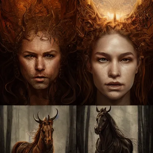 Image similar to Portraits based on the four horsemen of the apocalypse, intricate, epic, elegant, menacing, fantasy, highly detailed, digital painting, hard focus, beautiful volumetric lighting, epic light, ultra detailed, by Leesha Hannigan, Ross Tran, Thierry Doizon, Kai Carpenter, Ignacio Fernández Ríos