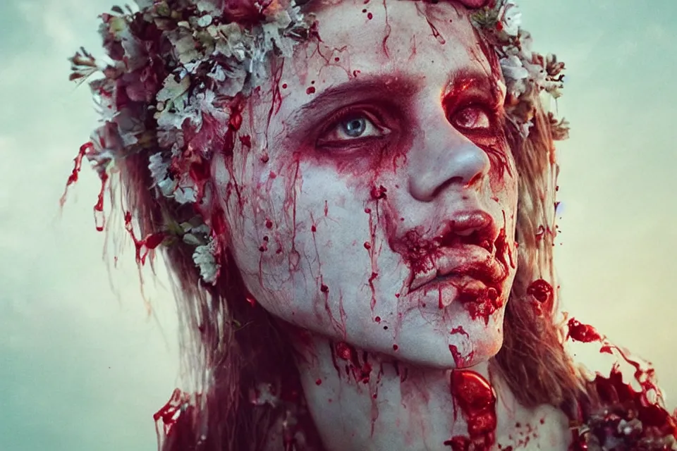 Prompt: Midsommar May Queen Deteriorated Zombie Portrait, Red Liquid Tears, Trending on ArtStation, beautiful sunset aesthetic, photorealistic, volumetric lighting, hyperrealistic, octane render, HDR, photorealistic, bokeh