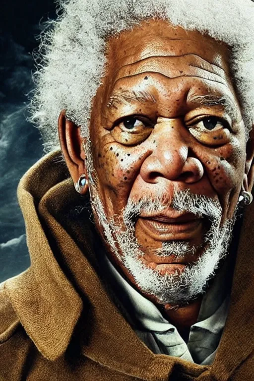 Image similar to Morgan Freeman reprising his role as Bilbo Baggins for a new Lord of the Rings spin-off directed by Peter Jackson, detailed face, good lighting, promo shoot, studio lighting