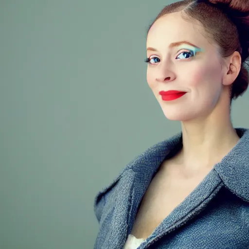 Prompt: a vivid color portrait of a smiling female with two buns hairstyle, light skin and big blue eyes, soft cinematic lighting, shallow depth of field, photograph by annie leibovitz, 4k