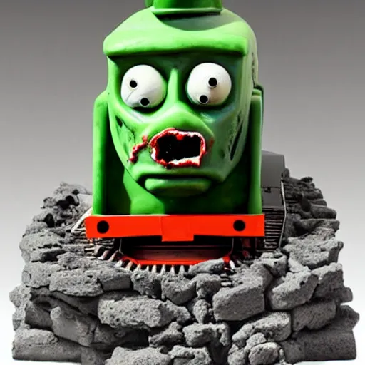 Image similar to zombie apocalypse thomas the tank engine clay sculpture, ominous, monster, spikes