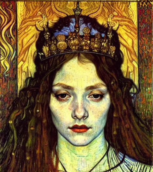 Image similar to detailed realistic beautiful young medieval queen face portrait by jean delville, gustav klimt and vincent van gogh, art nouveau, symbolist, visionary, gothic, pre - raphaelite, muted earthy colors, desaturated