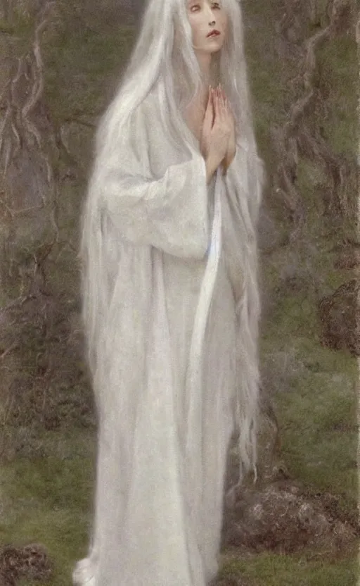 Image similar to say who is this with silver hair so pale and wan! and thin!? female angel, wearing white robes flowing hair, pale fair skin, you g face, silver hair, covered!!, clothed!! lucien levy - dhurmer, fernand keller, oil on canvas, 1 8 9 6, 4 k resolution, aesthetic!, mystery