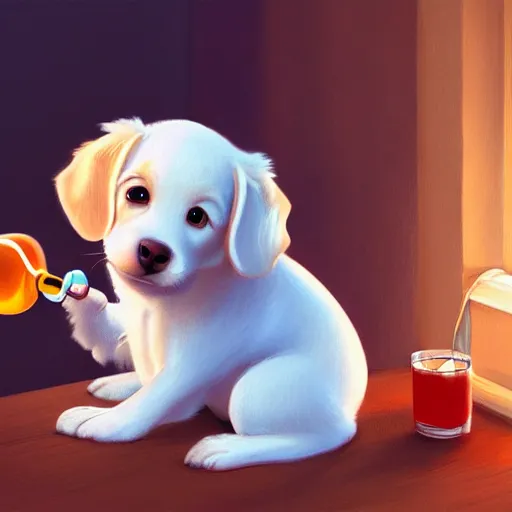 Image similar to cute puppy drinking juice, masterpiece, colorful ambient lighting, smooth shading, 8k, cinematic lighting, highly detailed, digital painting, artstation, smooth, sharp focus, illustration, digital illustration, by Pixar