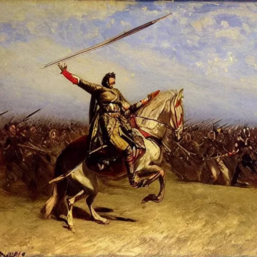 Image similar to action heroine leading an army into battle, by alfred stevens
