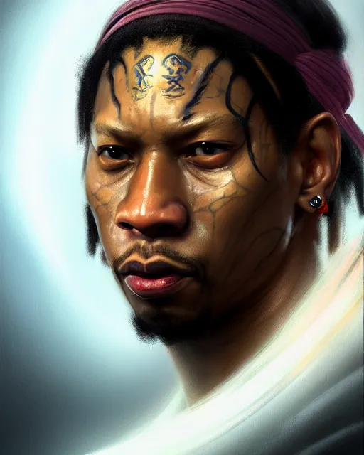 Image similar to face portrait of young allen iverson as a muscular ronin samurai, wearing a haori, by wlop and peter mohrbacher, dramatic action pose, extremely detailed shading, concept art, digital painting, trending on artstation, unreal engine 5, octane render, atmosphere, glow, cinematic lighting, full of color