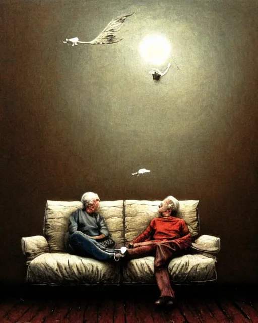 Image similar to old couple sitting on a couch in an old wooden house and looking at a scared boy flying in sky, psx game graphics , Beksinski painting