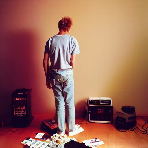 Image similar to kodak portra 4 0 0 photograph of a skinny blonde guy standing in cluttered 9 0 s bedroom, back view, moody lighting, telephoto, 9 0 s vibe, blurry background, vaporwave colors, golden ratio, faded!,