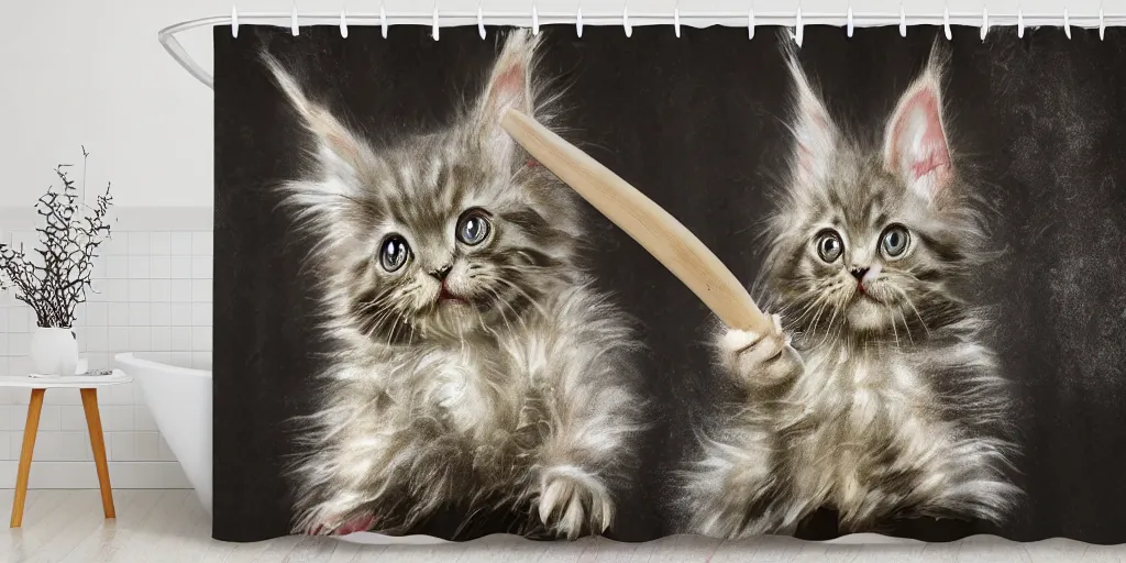 Prompt: a ( ( ( ( ( maine coon kitten ) ) ) ) ) baby yoda artwork themed shower curtain, shower curtain. product photography. product lighting. digital art. 4 k, highly detailed. saturated.