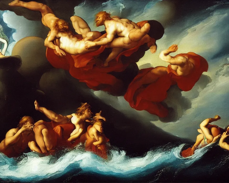 Image similar to an achingly beautiful oil painting of the planet Saturn colliding with the Poseidon by Raphael and Hopper.