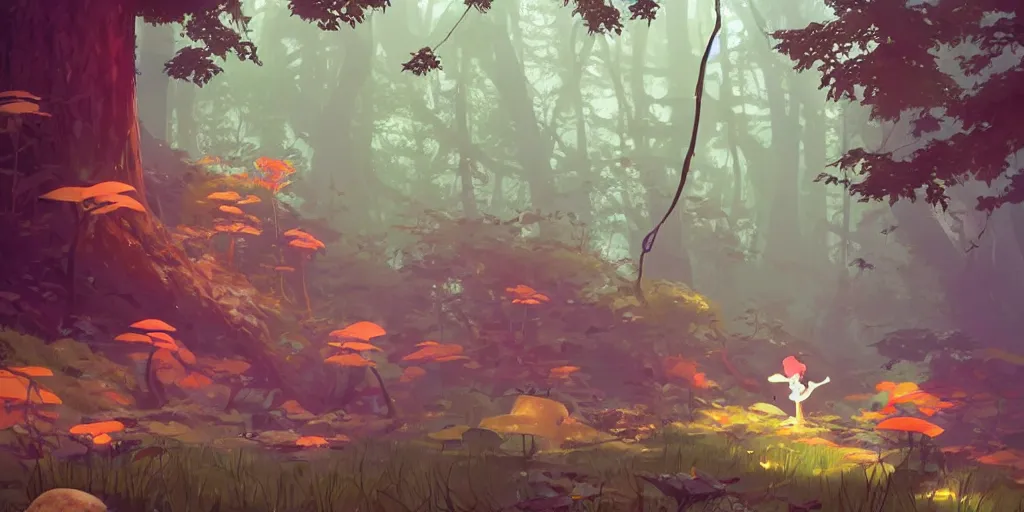 Image similar to magic mushrooms in the woods, moss, lianna, jungles, by cory loftis & akihiko yoshida & james gilleard & atey ghailan & makoto shinkai & goro fujita & studio ghibli, rim light, exquisite lighting, clear focus, magic atmosphere, very coherent, plain background, soft painting