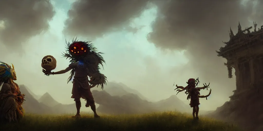 Image similar to painting of a cinematic still of skull kid and the happy mask salesman, dramatic clouds, greek mythology, extremely detailed digital painting, in the style of fenghua zhong and ruan jia and jeremy lipking and peter mohrbacher, mystical colors, rim light, beautiful lighting, 8 k, stunning scene, raytracing, octane, trending on artstation