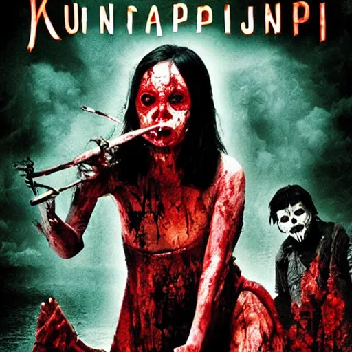 Prompt: horror movie poster called kuntilanak antapani with woman with covered blood in center and masked people on her around, very detail, photoshop rendered, by hanung bramantyo, takeshi miike, james wan, guillermo de toro