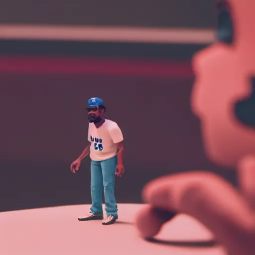 Image similar to a cinematic film still of a claymation stop motion film starring chance the rapper as a college student, shallow depth of field, 8 0 mm, f 1. 8