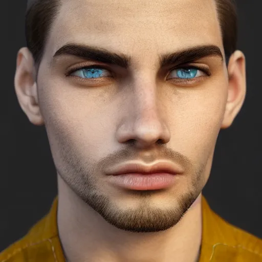 Image similar to attractive man face symettry masculine traits brown hair yellow eyes clean skin highly detailed highly realistic 8 k photo realistic
