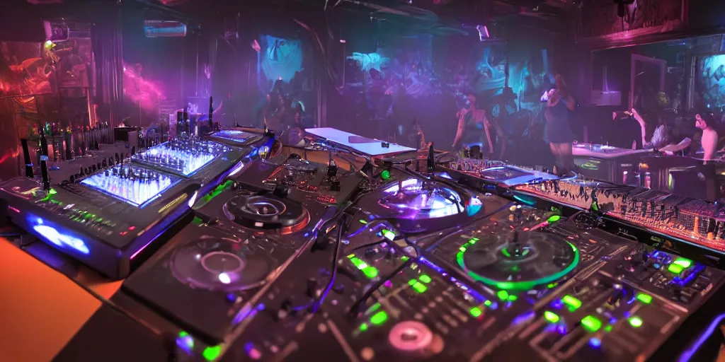 Prompt: a very buff dj playing at a club using a mixer on a tiny desk, pov, realistic 4 k octane beautifully detailed render, 4 k post - processing, highly detailed, intricate complexity, epic composition, magical atmosphere, cinematic lighting, masterpiece, ultra hd