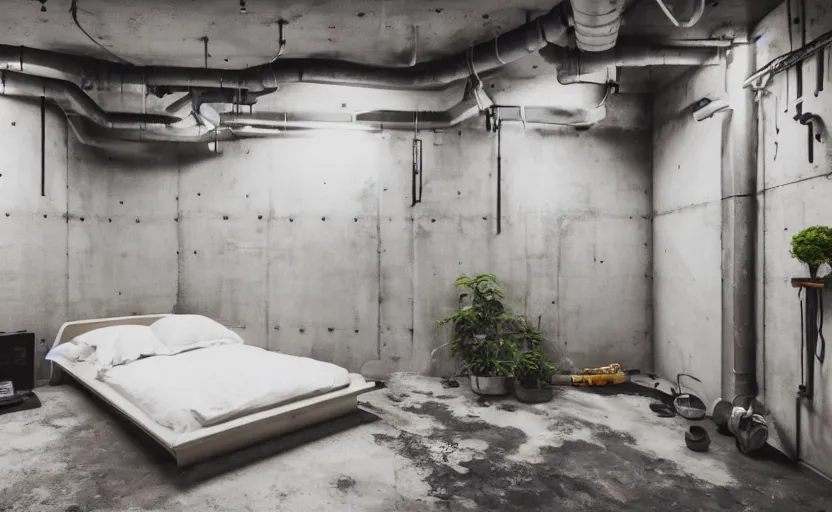 Prompt: akihabara bedroom interior, concrete, punk, bed, neon japanese lights, modernism, white, beige, black, minimalism, industrial, pipes, rust, little windows, plants, retro futurism, cyberpunk