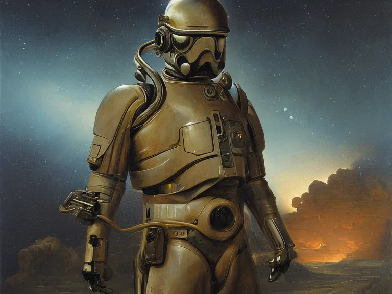 Image similar to a detailed profile oil painting of a lone shock trooper in a spacesuit with reflective helmet, technology flight suit, bounty hunter portrait symmetrical and science fiction theme with lightning, aurora lighting clouds and stars by beksinski carl spitzweg and tuomas korpi. baroque elements, full-length view. baroque element. intricate artwork by caravaggio. Trending on artstation. 8k